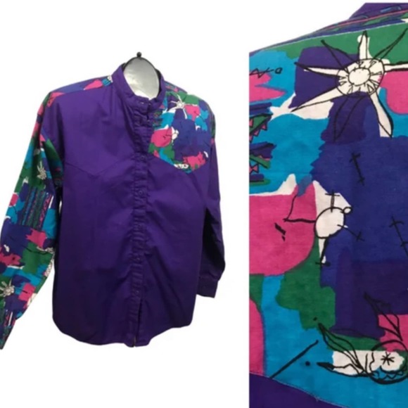 1990s Purple Western Novelty Print Cotton Button Up Shirt / Women's Medium - Picture 1 of 5